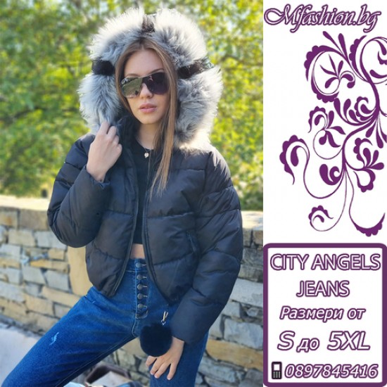 Дамско късо пухено яке с качулка, City Angels Jeans, Черно, 6847